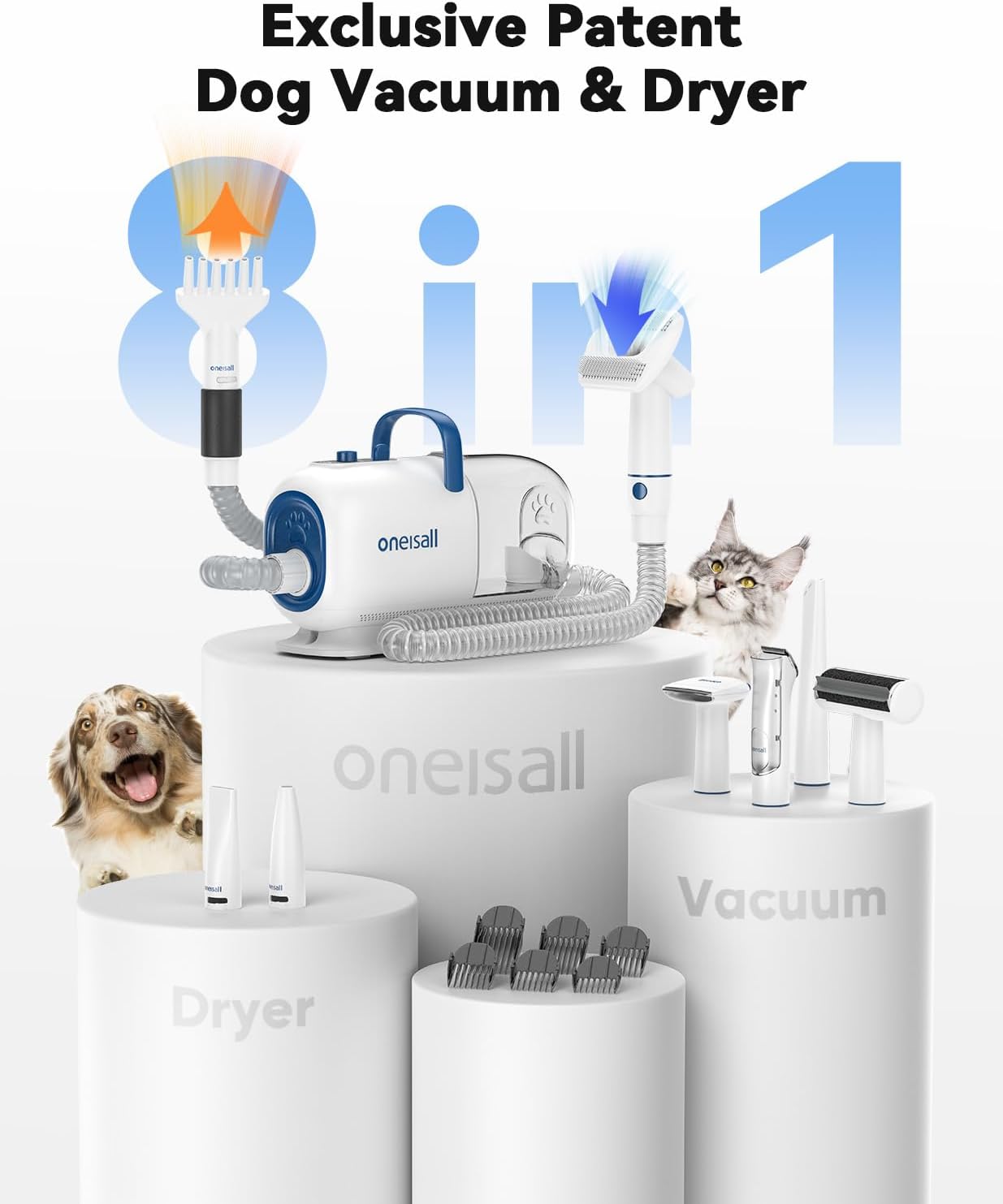 Oneisall Kyle 狗剪 - 吸风吹干 - 8 合 1 美容套装 - 吸尘器和烘干机 - 动物剪 - 脱毛器(2 升容器)翻新