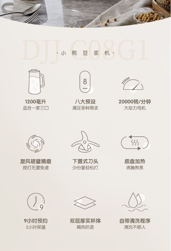 小熊(Bear)1.2升破壁免滤自动清洗豆浆机 DJJ-C08G1(3月17日之后发货)