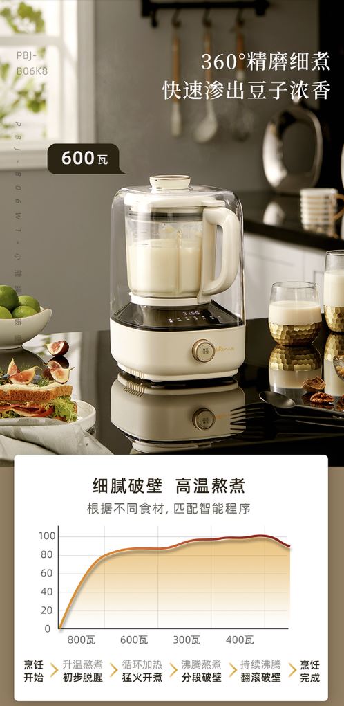 小熊(Bear) 1升豆浆机破壁机7大功能3小时自动保温带静音罩 PBJ-B06K8